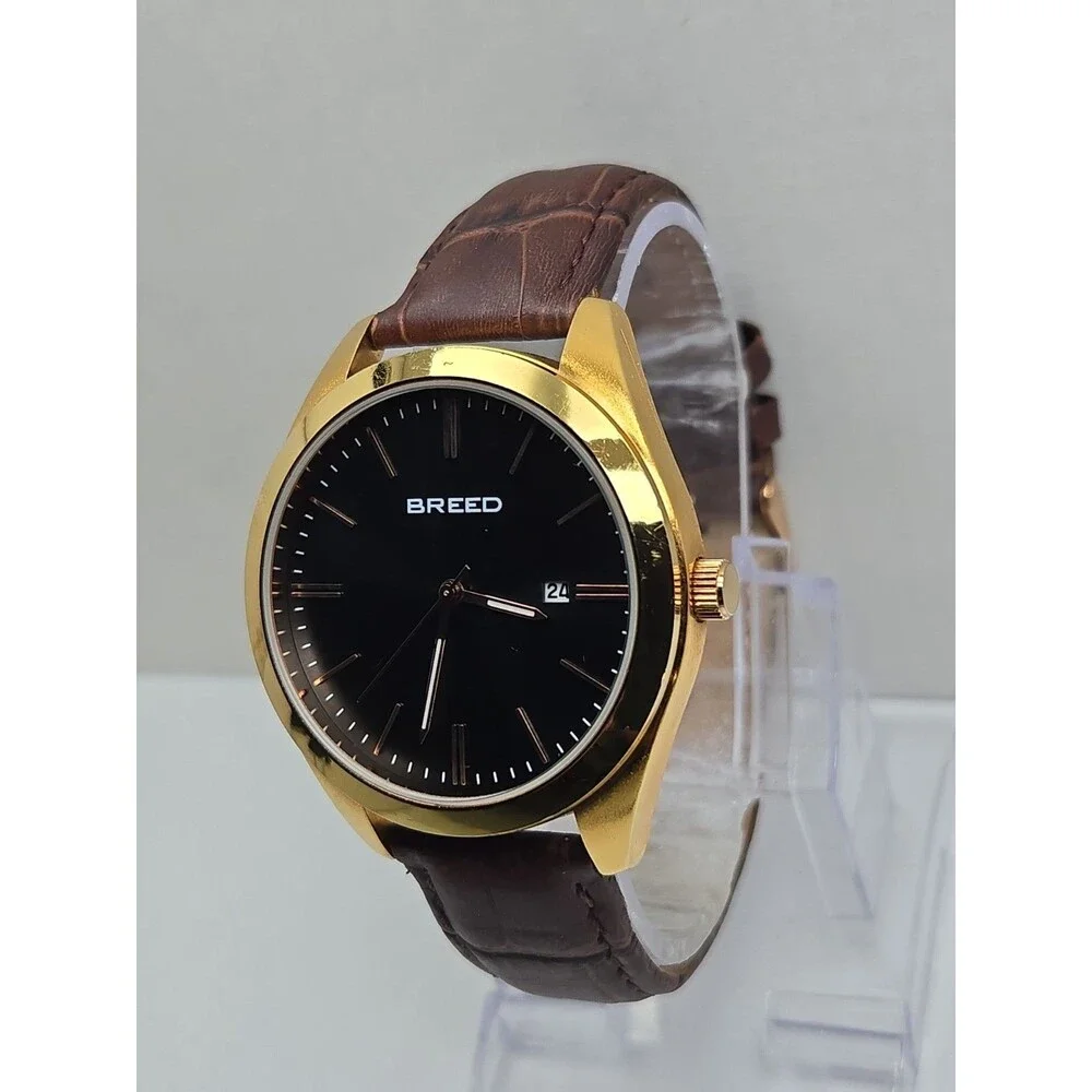 Breed Louis Mens 42mm Date Watch Gold Tone Brown Leather Quartz New Battery